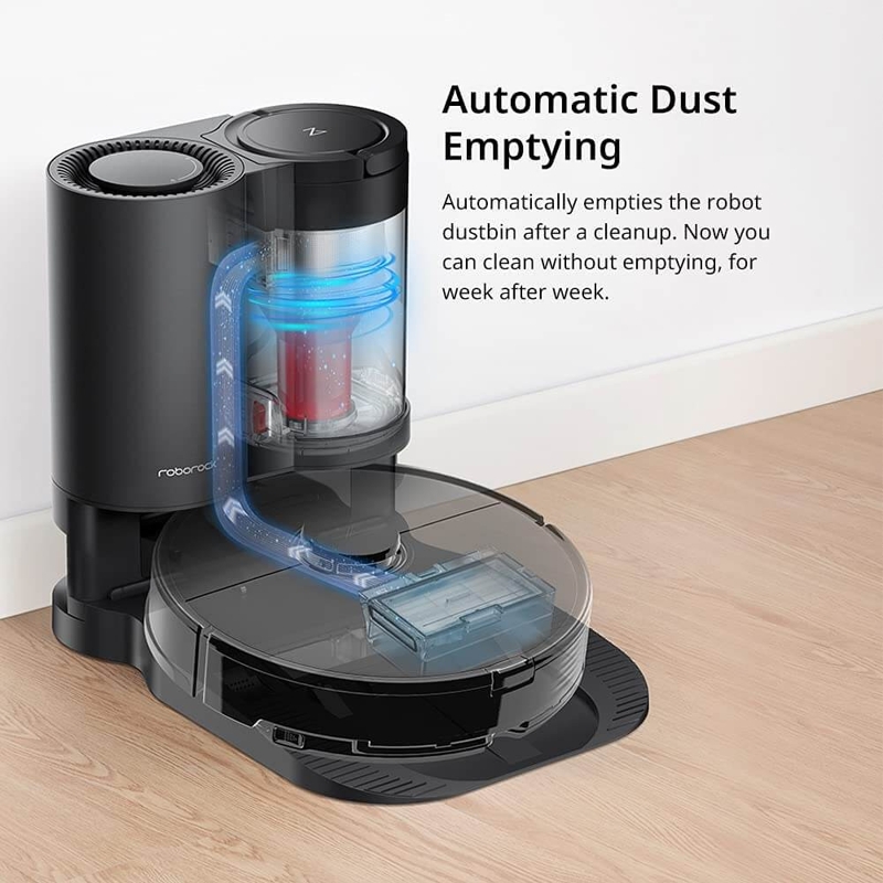The operation of the Roborock S7 MaxV suction station is shown.